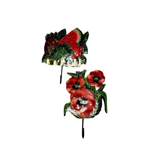 Vintage Metal Wall Hooks With Floral & Fruit Designs - Set Of 2 - Picture 4 of 11